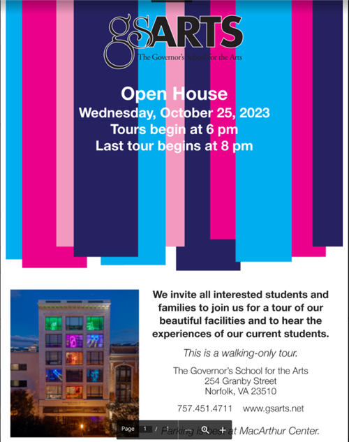 Open House  Wednesday, October 25, 2023  Tours begin at 6 pm Last tour begins at 8 pm 